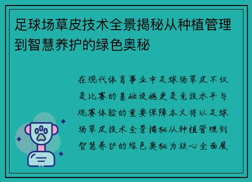 足球场草皮技术全景揭秘从种植管理到智慧养护的绿色奥秘